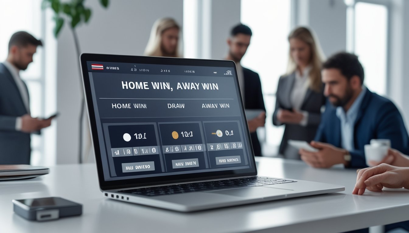 Layar laptop menampilkan antarmuka taruhan olahraga dengan tiga pilihan hasil pertandingan sepak bola, dikelilingi oleh orang-orang yang berdiskusi di ruang kantor modern.