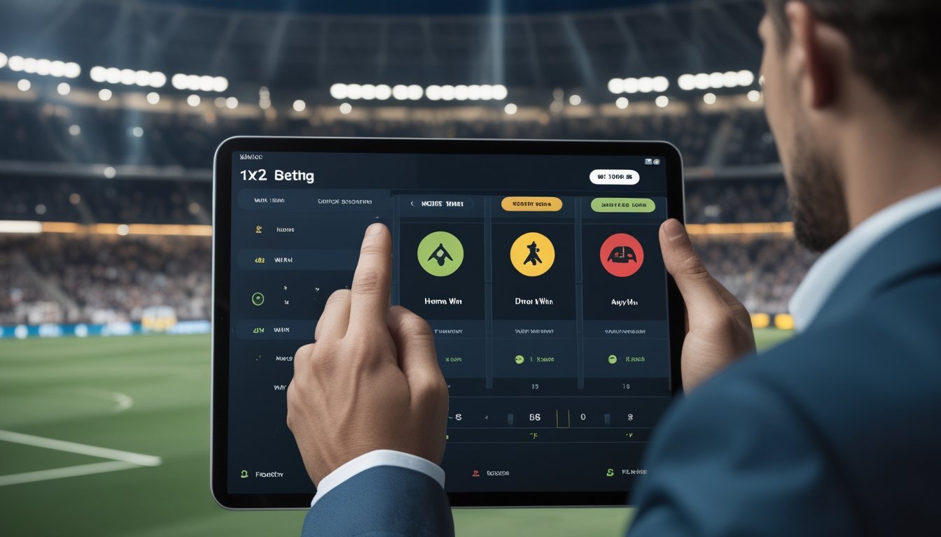 Seseorang memegang tablet digital yang menampilkan antarmuka taruhan olahraga dengan tiga pilihan hasil pertandingan sepak bola di latar belakang stadion dan penonton.