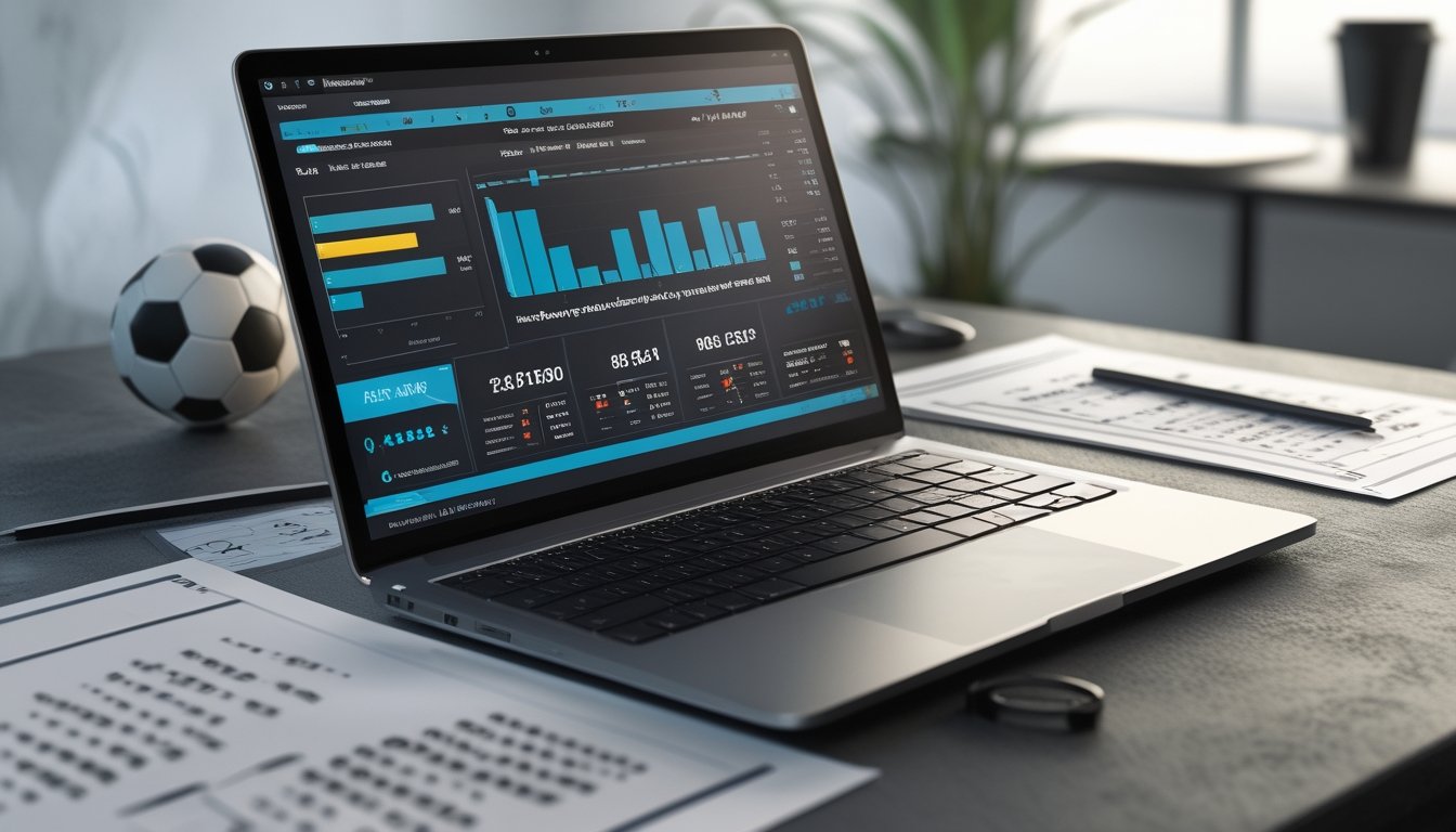 Meja kerja dengan laptop yang menampilkan grafik statistik pertandingan sepak bola, bola sepak di samping, dan dokumen data di sekitar.