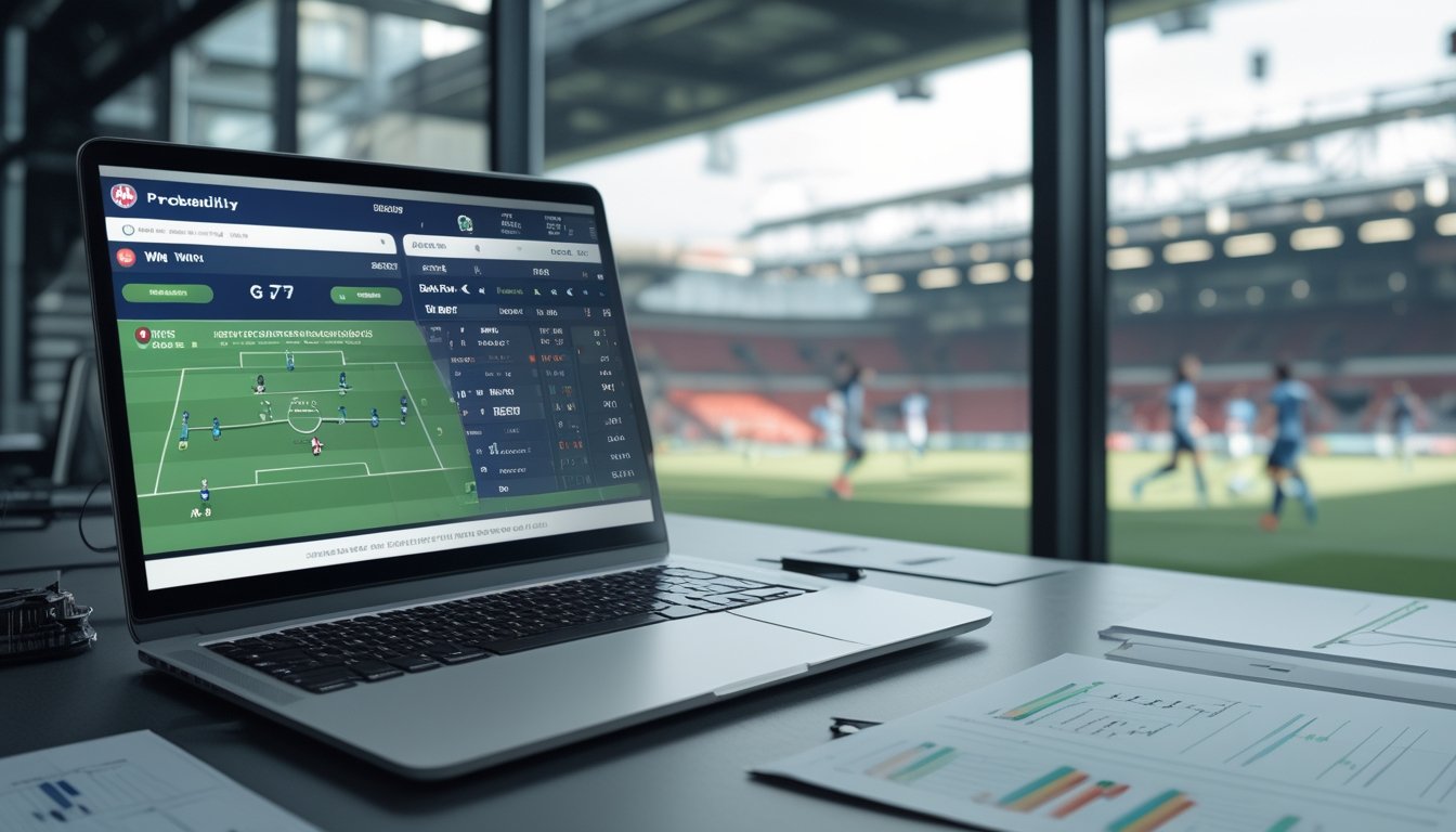 Sebuah ruang kerja dengan laptop yang menampilkan antarmuka taruhan sepak bola 1X2, grafik dan data statistik di atas meja, serta stadion sepak bola dengan pemain yang sedang bertanding terlihat di latar belakang.