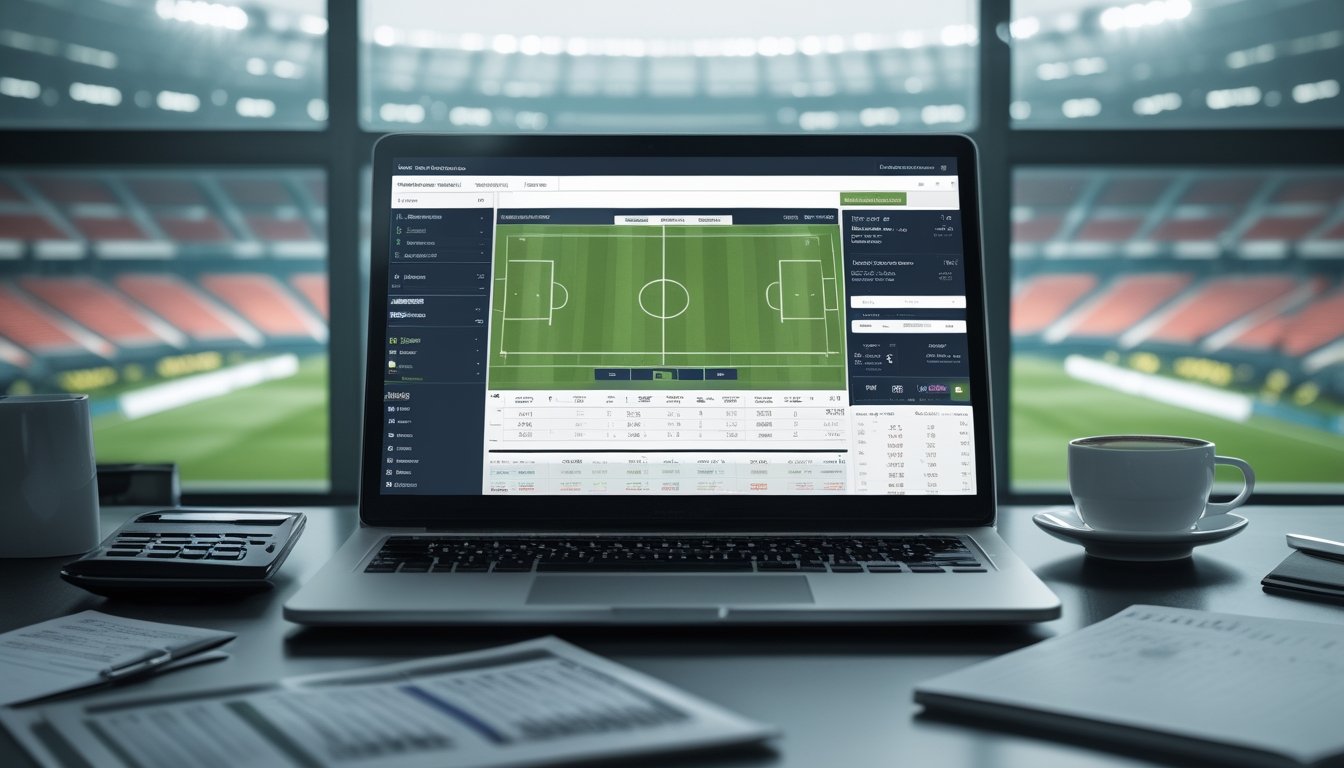Seorang profesional sedang menganalisis peluang taruhan sepak bola dengan laptop yang menampilkan data dan grafik taruhan, di ruang kerja dengan latar stadion sepak bola.