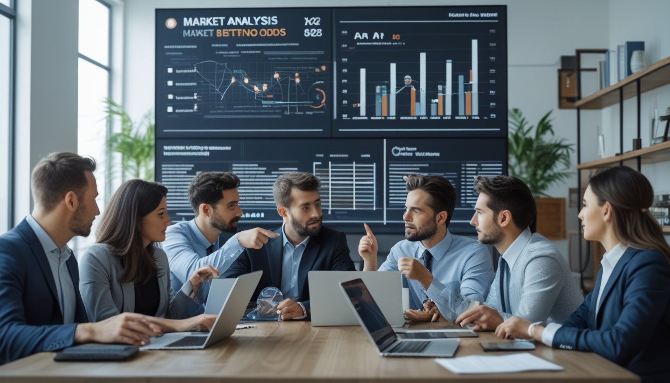 Sekelompok analis bisnis sedang berdiskusi serius di kantor modern dengan layar besar menampilkan grafik dan statistik pasar 1X2.