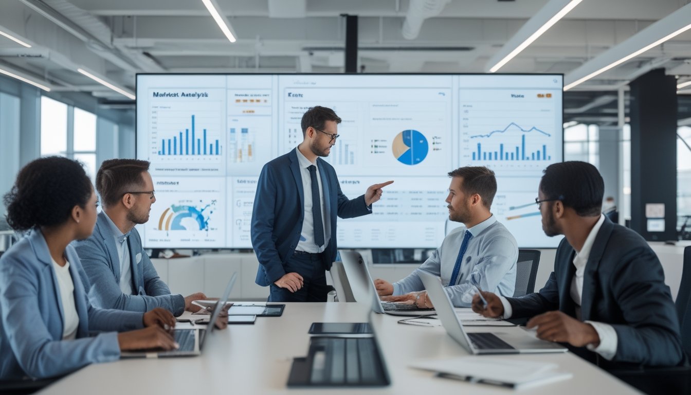 Sekelompok profesional bisnis sedang berdiskusi di kantor dengan layar digital menampilkan grafik analisis pasar 1X2.