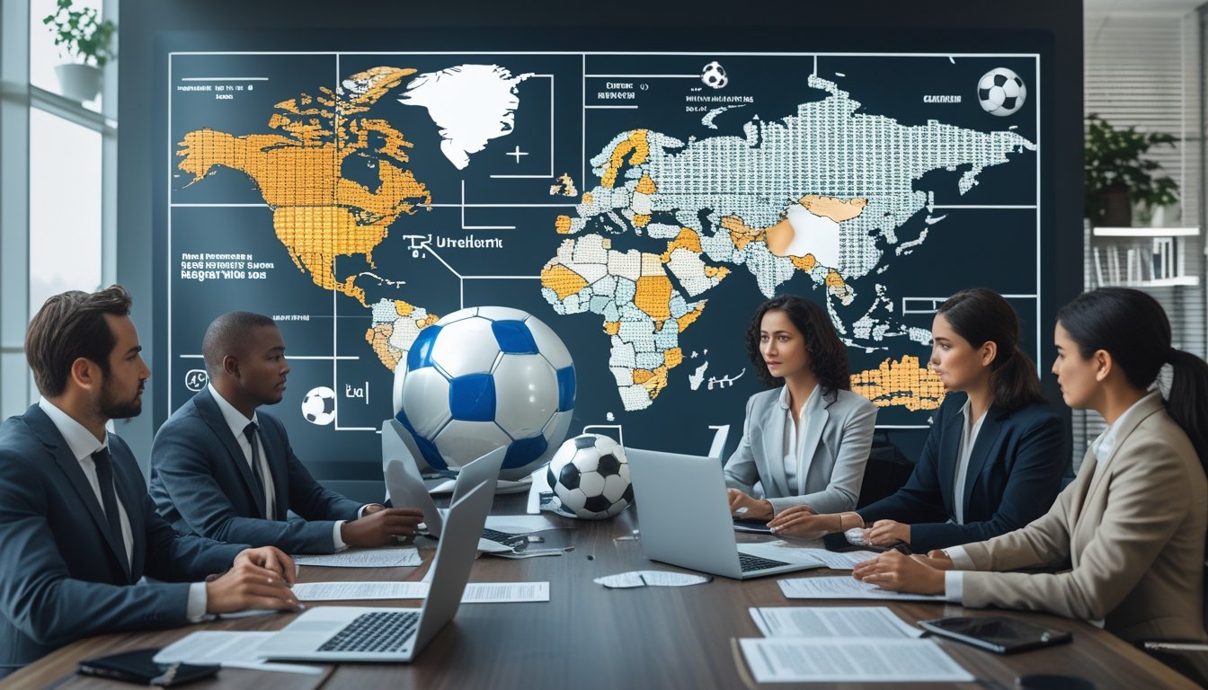 Sekelompok profesional sedang berdiskusi di ruang kantor dengan laptop, dokumen hukum, dan globe di atas meja, membahas regulasi taruhan sepak bola di berbagai negara.