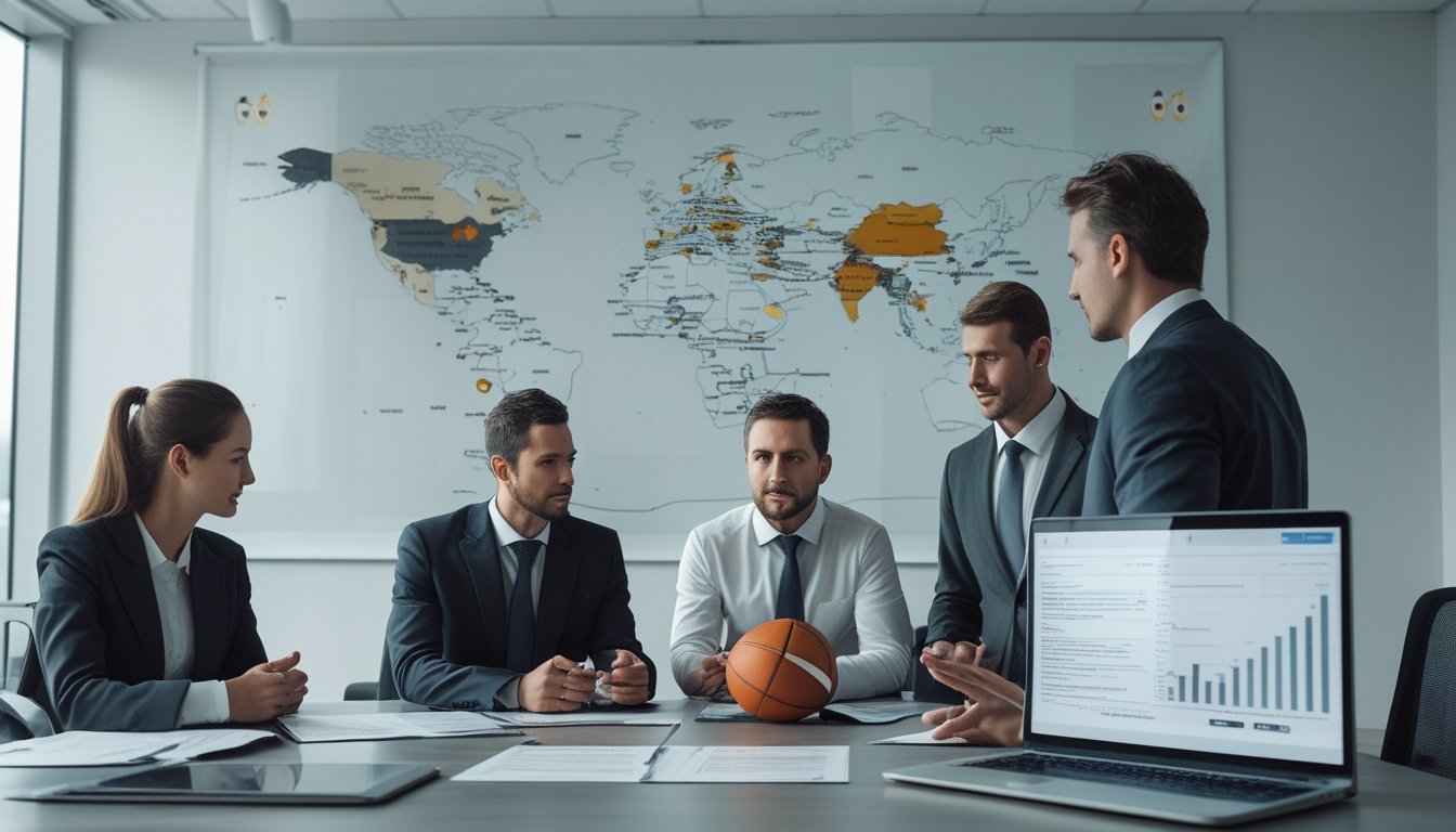 Sekelompok profesional berdiskusi di kantor dengan dokumen, laptop, dan bola sepak di atas meja, latar belakang peta dunia yang menandai berbagai negara.
