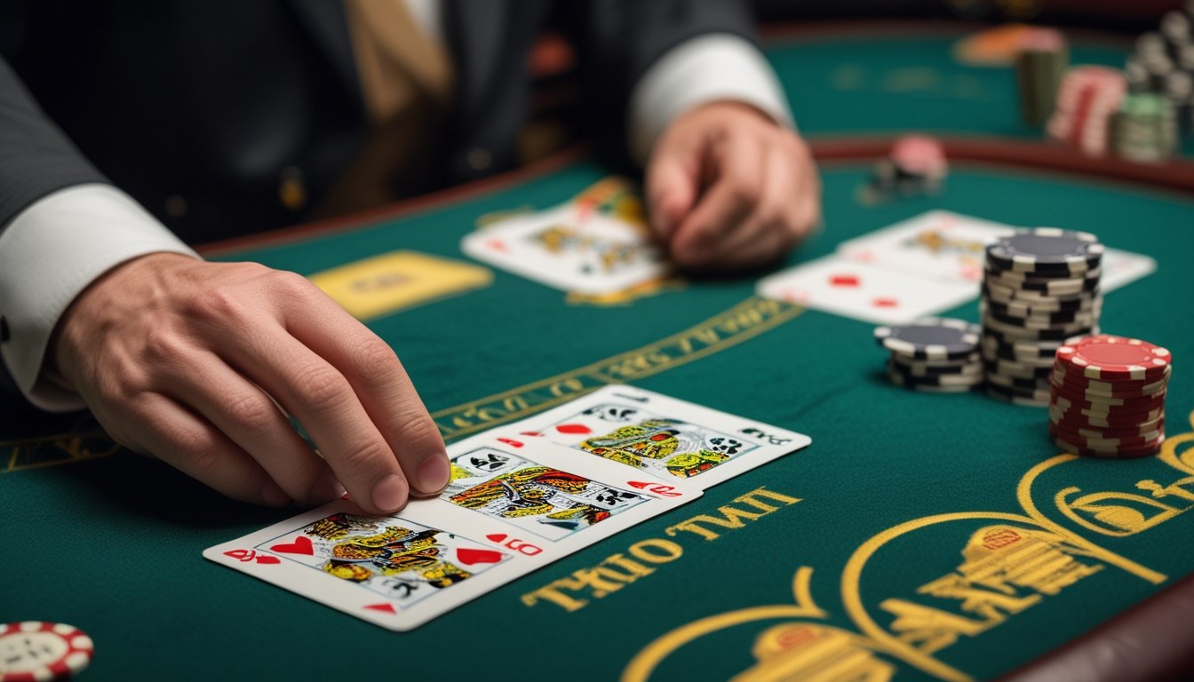 Tangan dealer sedang mengatur kartu Pai Gow Poker di atas meja kasino dengan tumpukan chip di sampingnya.