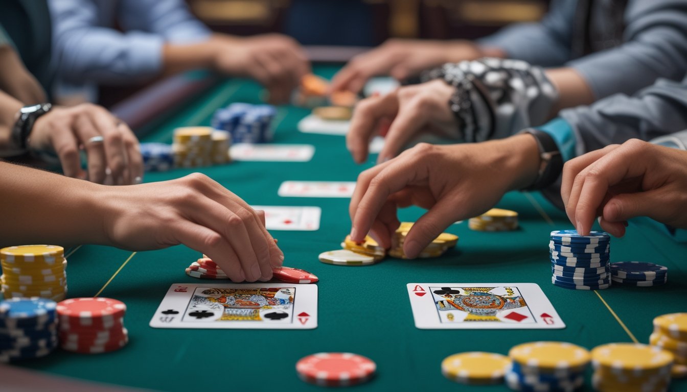 Meja kasino dengan kartu Pai Gow Poker dan chip, serta tangan pemain yang sedang bermain.