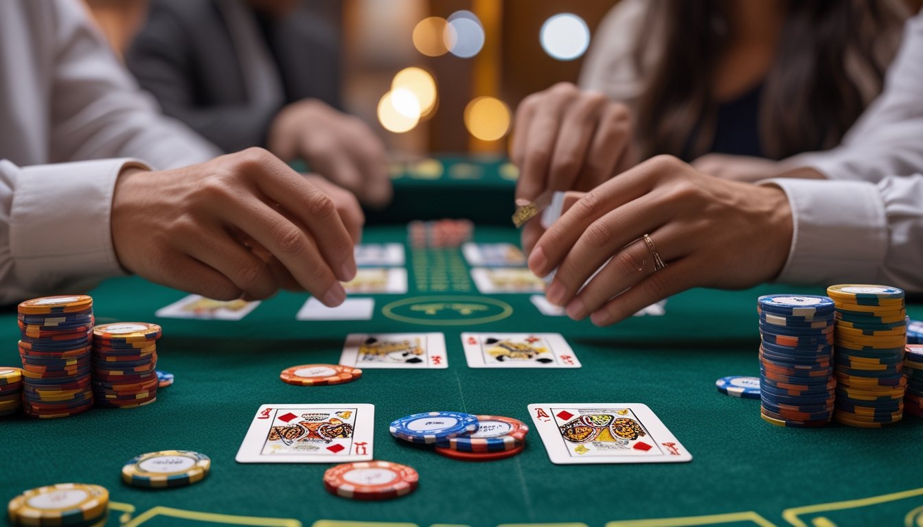 Meja poker dengan kartu dan chip tersusun rapi, dua tangan sedang mengatur kartu Pai Gow Poker di suasana kasino yang hangat.