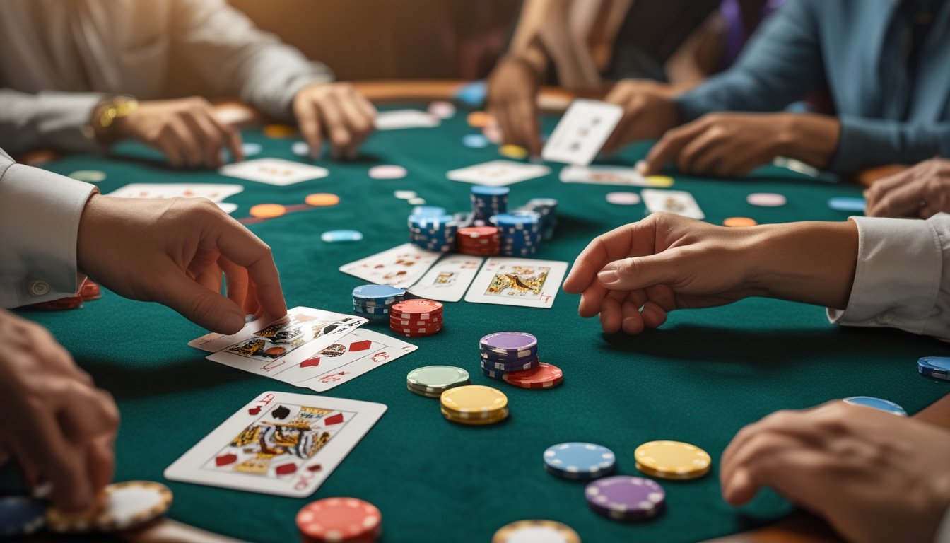 Pemandangan dekat permainan Pai Gow Poker dengan kartu dan chip di atas meja hijau dan tangan pemain yang sedang mengatur kartu.