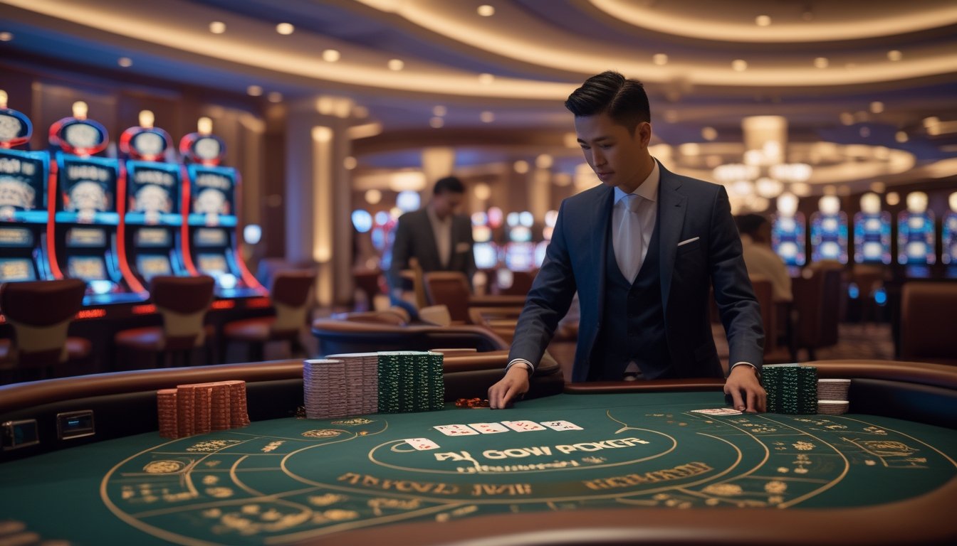Meja kasino dengan kartu Pai Gow Poker dan dealer yang sedang membagikan kartu kepada pemain di lingkungan kasino modern.