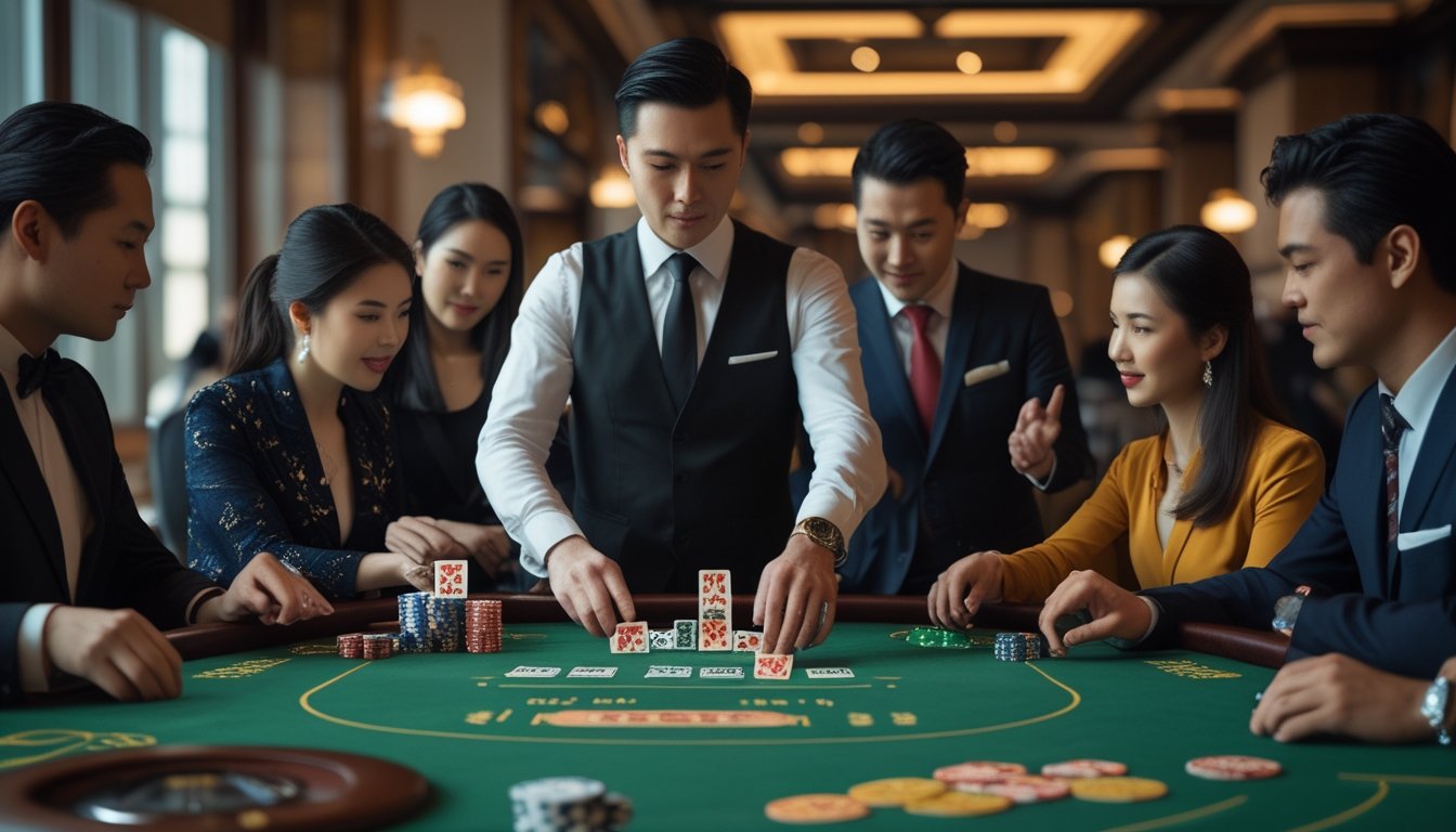 Seorang dealer membagikan kartu Pai Gow Poker kepada pemain di meja kasino dengan suasana mewah dan pencahayaan hangat.