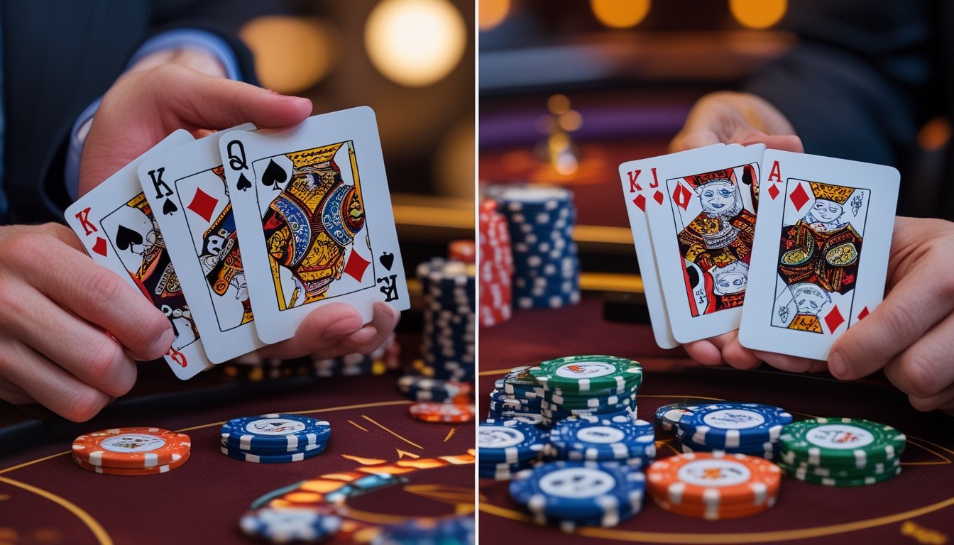 Tangan yang menunjukkan perbedaan antara Pai Gow Poker dengan tujuh kartu dan Poker tradisional dengan lima kartu di atas meja kasino dengan tumpukan chip poker.