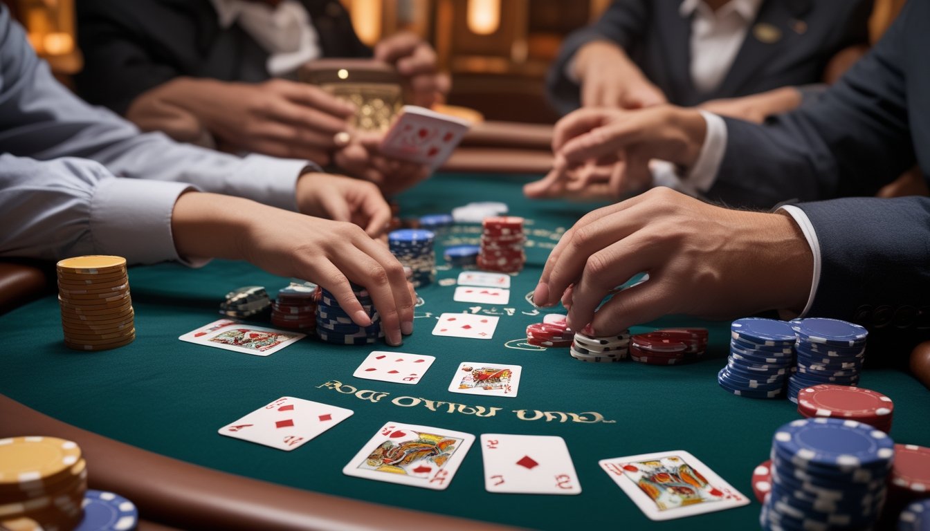 Meja poker dengan kartu dan chip yang sedang dimainkan oleh beberapa orang di dalam kasino.