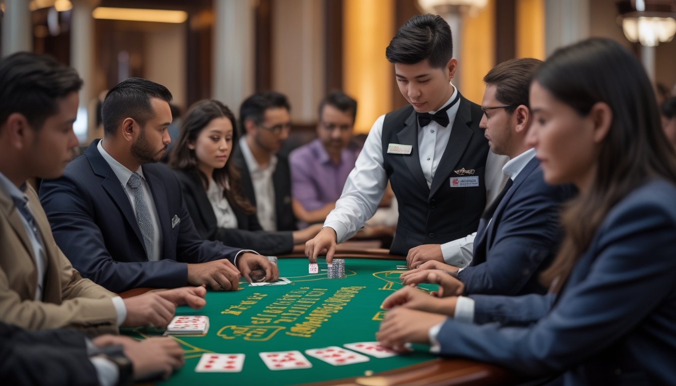 Seorang bandar kasino sedang mengatur permainan Pai Gow Poker di meja hijau dengan beberapa pemain yang fokus memperhatikan permainan.