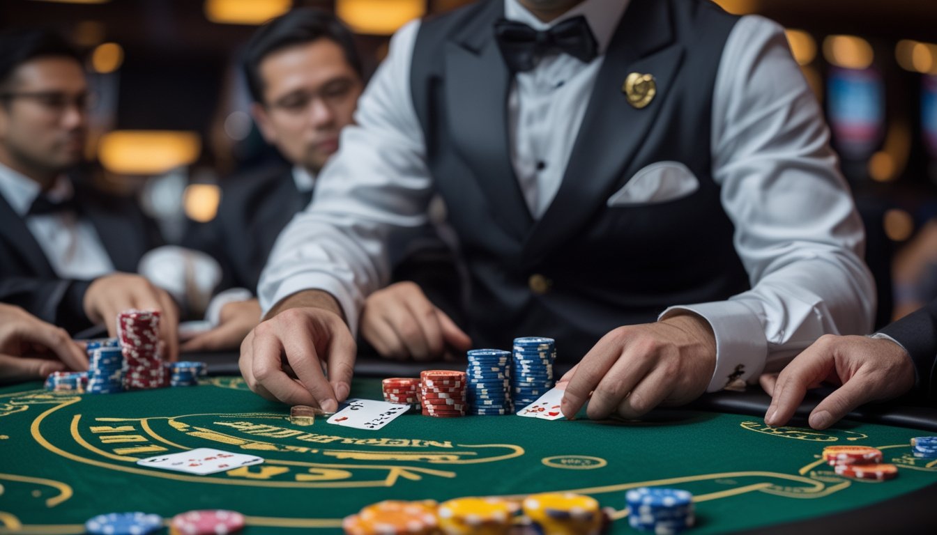 Seorang dealer di meja Pai Gow Poker sedang membagikan kartu dan chip kepada pemain di kasino.