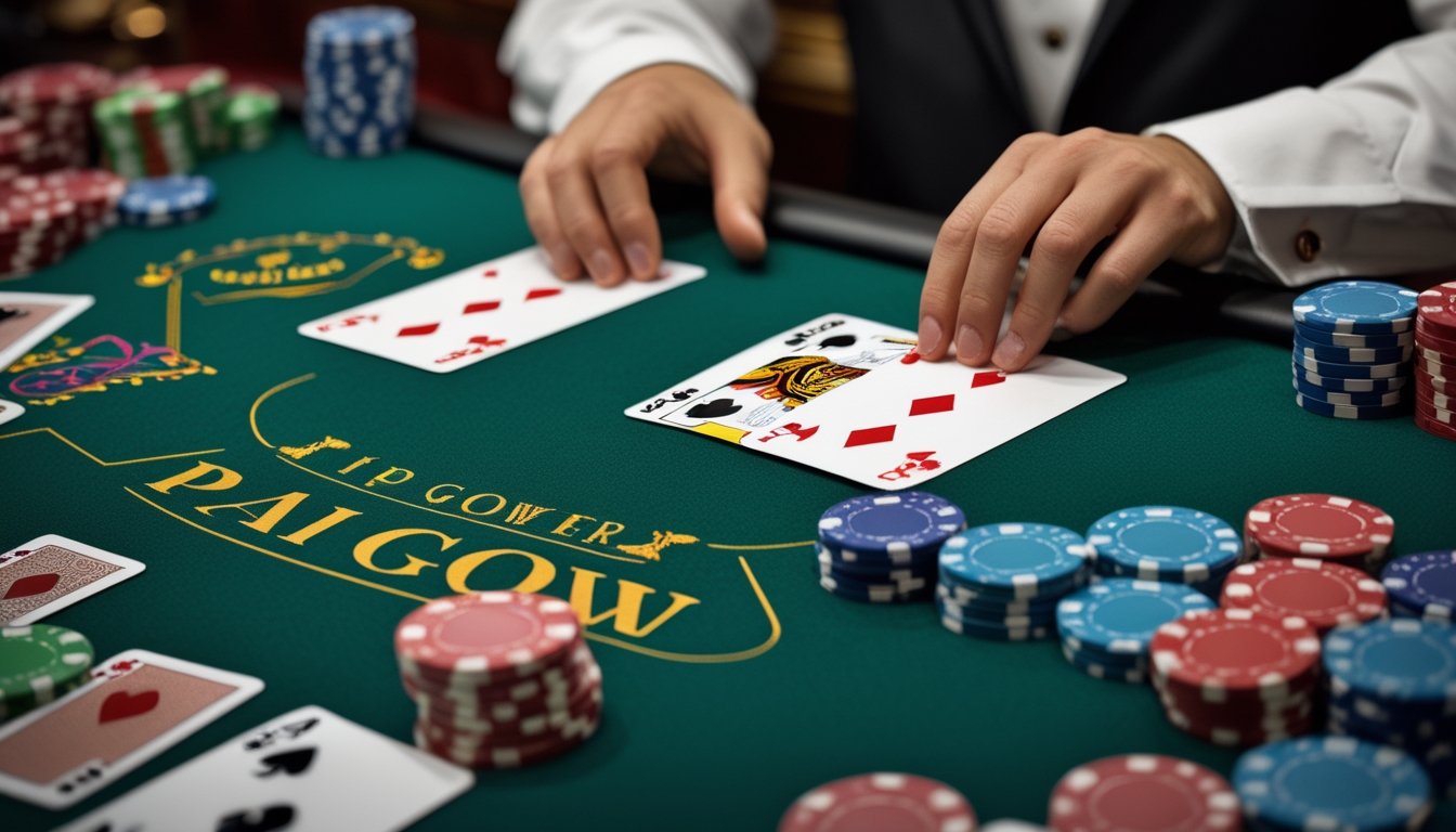 Meja kasino dengan kartu dan chip poker yang tertata rapi untuk permainan Pai Gow Poker.