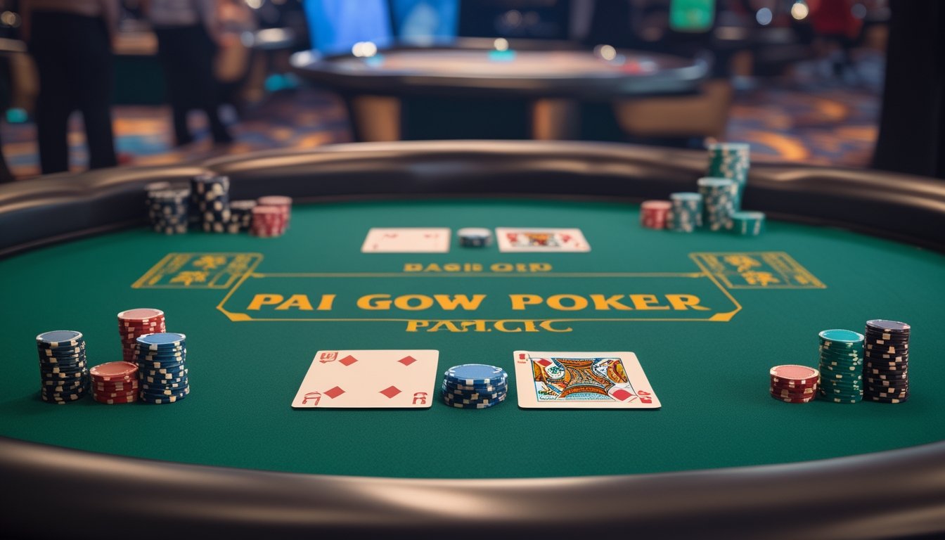 Meja kasino dengan kartu dan chip poker yang diatur untuk permainan Pai Gow Poker, menampilkan dua tangan kartu yang dibagi menjadi lima dan dua kartu.
