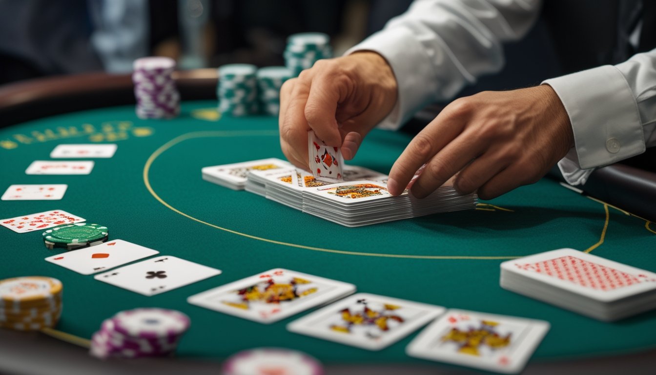 Tangan sedang menyusun kartu Pai Gow Poker di atas meja kasino dengan tumpukan chip di samping.