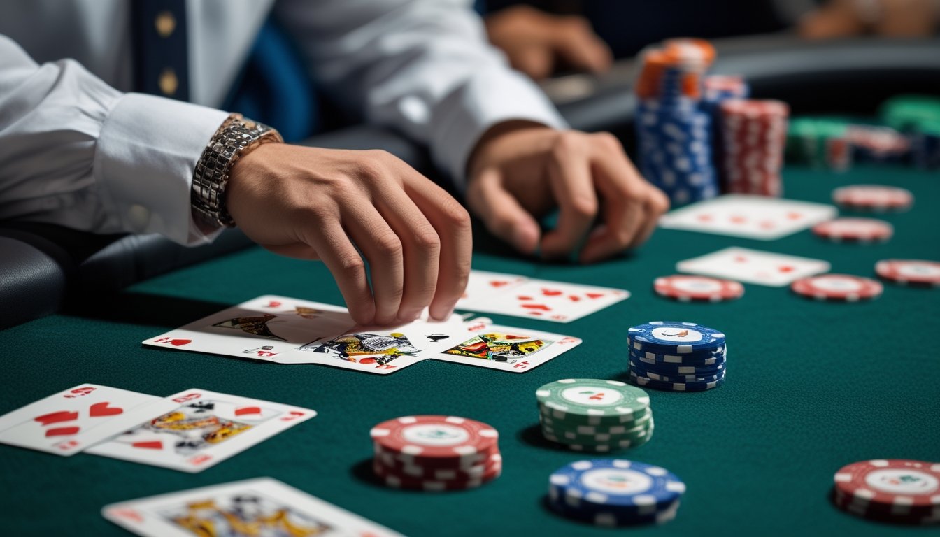 Tangan sedang menyusun kartu Pai Gow Poker di atas meja kasino dengan tumpukan chip di samping.