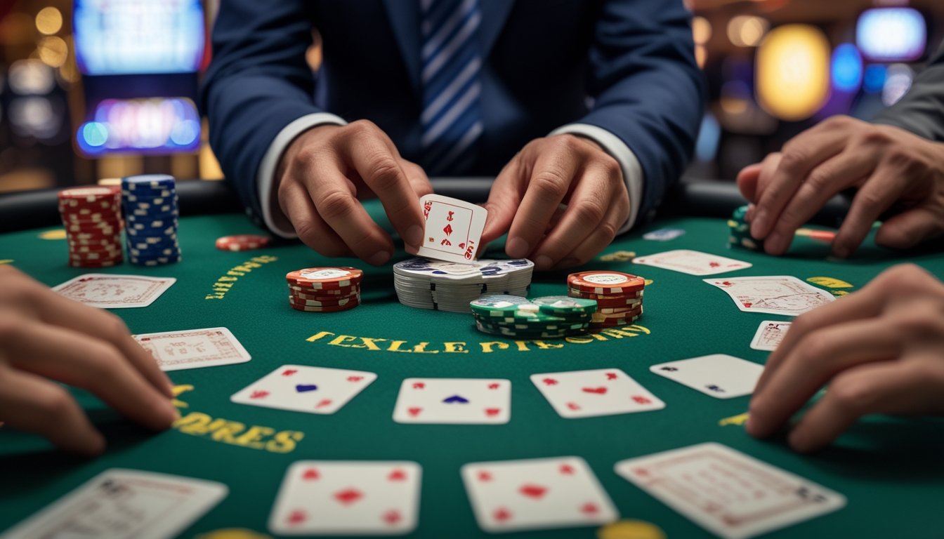 Tangan dealer sedang mengatur kartu dan ubin Pai Gow Poker di meja kasino dengan tumpukan chip dan tangan pemain yang memegang kartu.