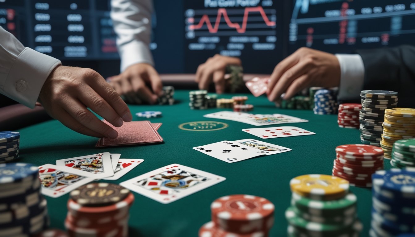 Meja poker dengan kartu dan chip yang tertata rapi, tangan sedang menganalisis kartu di sebuah kasino.