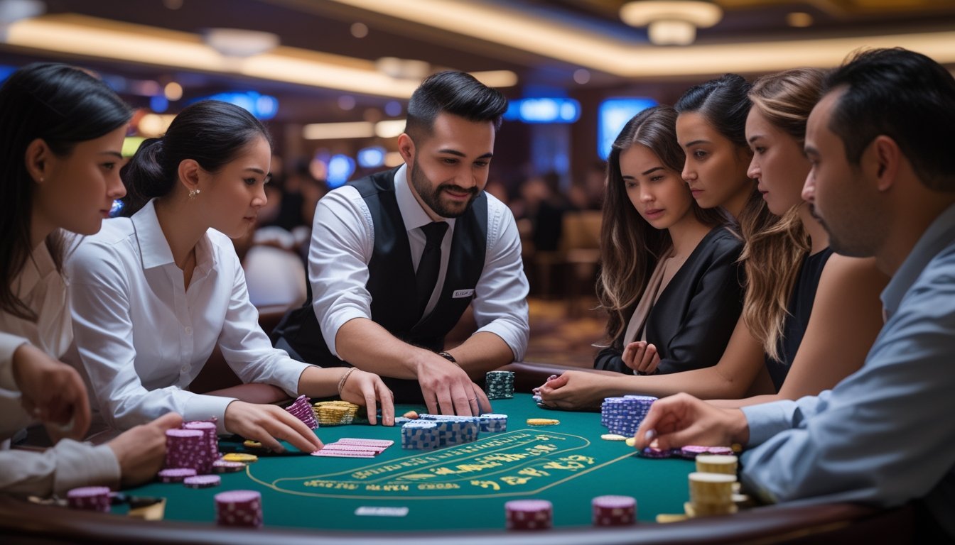 Sekelompok pemain baru sedang belajar bermain Pai Gow Poker di meja kasino dengan dealer yang ramah.