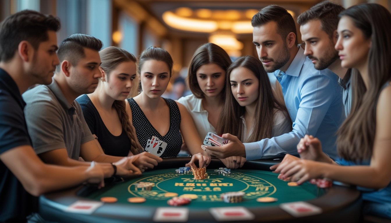 Sekelompok pemain baru sedang belajar bermain Pai Gow Poker di meja kasino dengan dealer yang menjelaskan aturan permainan.