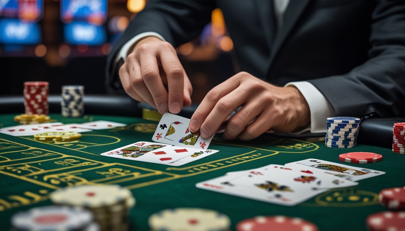 Seorang dealer di meja kasino sedang mengatur kartu Pai Gow Poker dengan tumpukan chip di atas meja hijau.