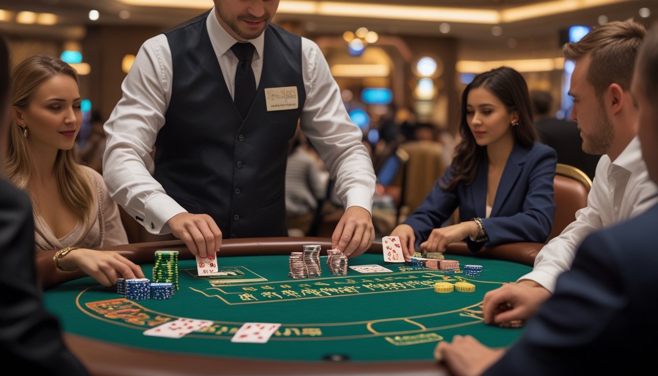Seorang dealer di meja Pai Gow Poker sedang membagikan kartu kepada pemain yang duduk mengelilingi meja hijau di dalam kasino.