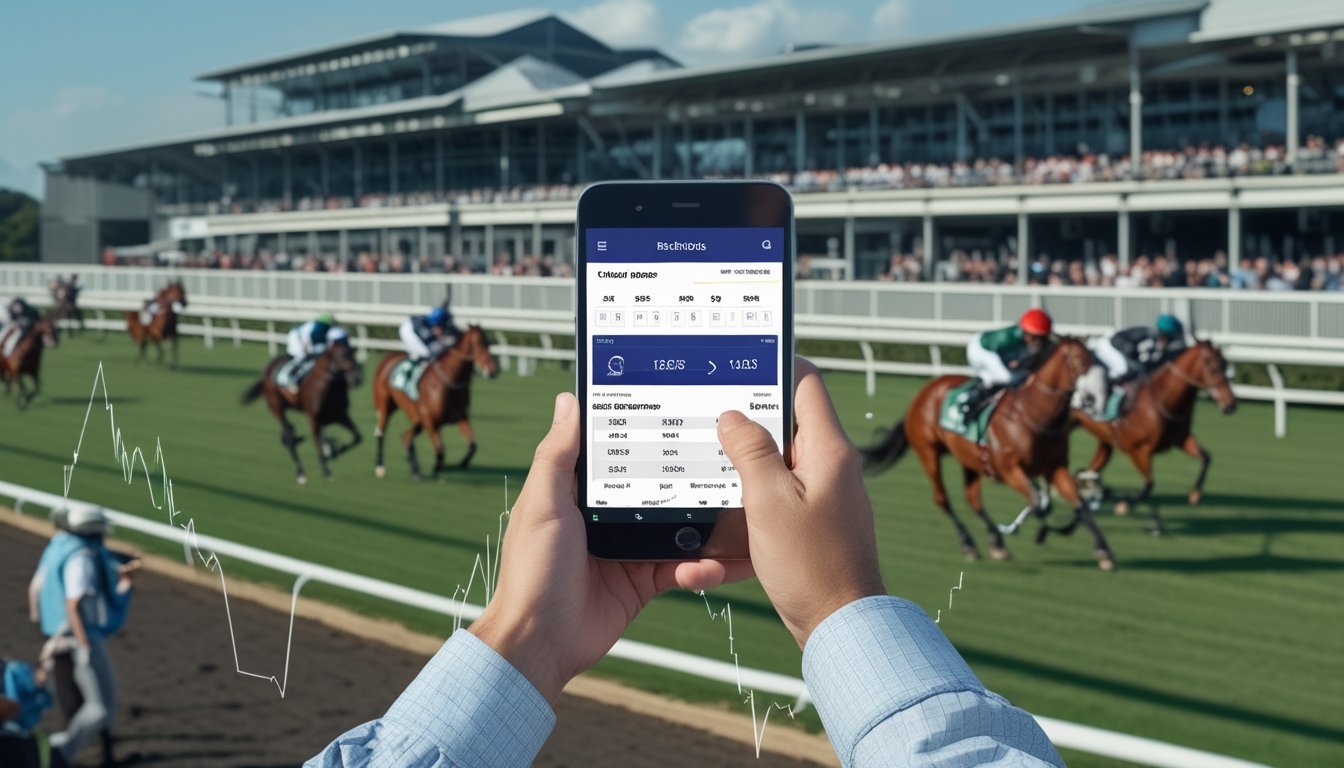Lomba pacuan kuda dengan beberapa kuda dan joki sedang berlari, di depan terlihat perangkat digital yang menampilkan aplikasi taruhan, dengan tribun penonton di latar belakang.