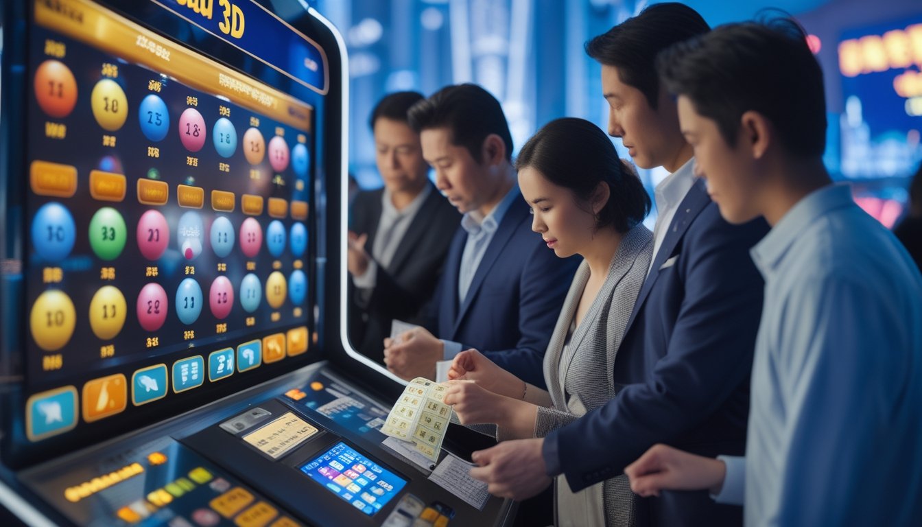 Orang-orang sedang bermain permainan Toto Macau 3D dengan mesin lotere digital dan bola lotere berwarna-warni di lingkungan modern.