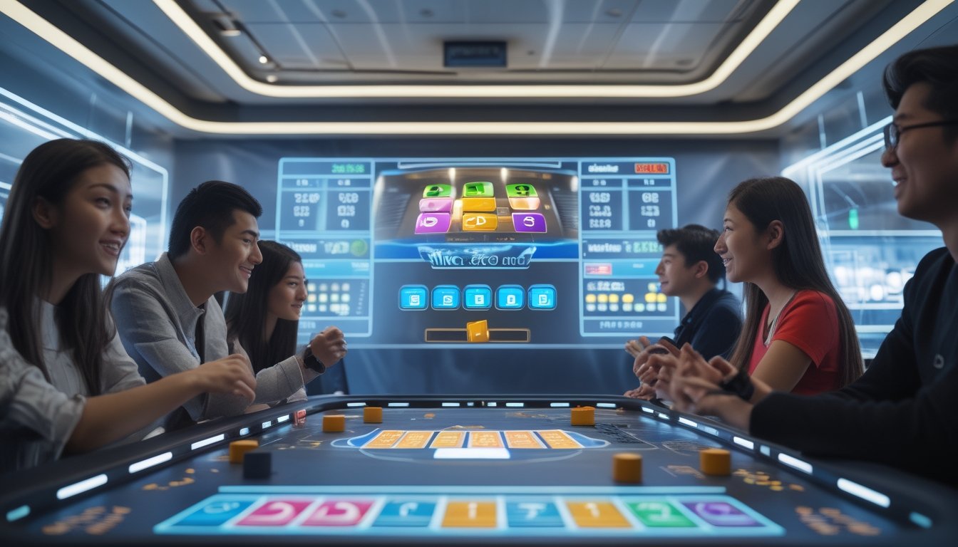 Beberapa orang muda sedang bermain permainan Toto Macau 3D di meja permainan digital dengan grafik warna-warni dan suasana modern.