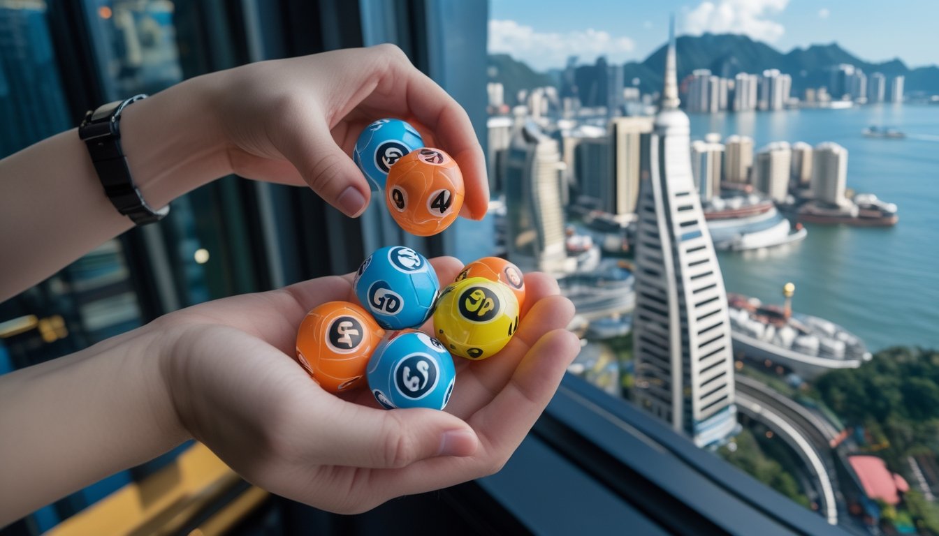 Tangan memegang bola lotere berwarna-warni dengan latar belakang pemandangan kota Macau dan menara ikoniknya.