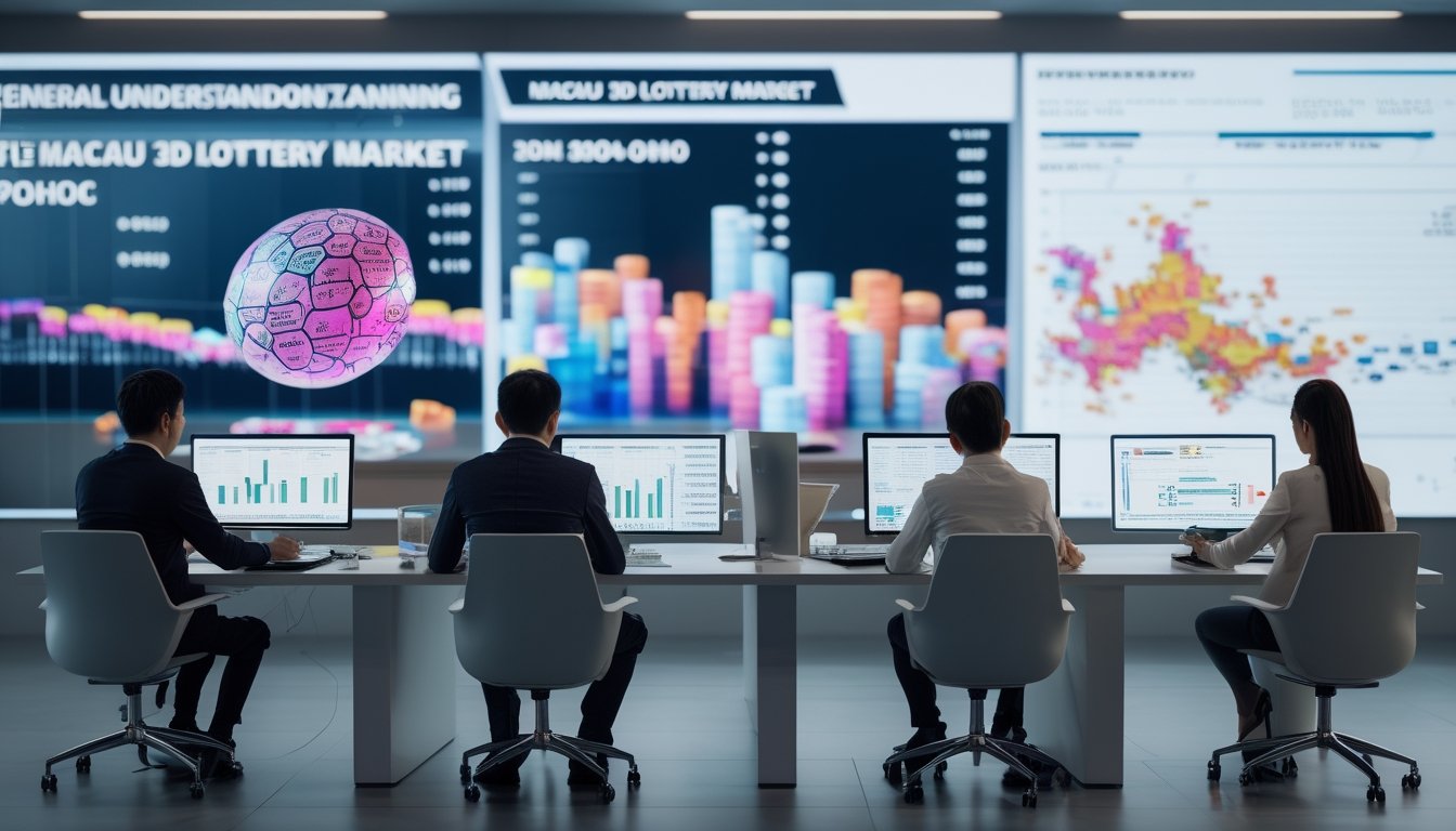 Sekelompok orang sedang menganalisis data lotere di ruang kantor modern dengan layar digital dan grafik angka.