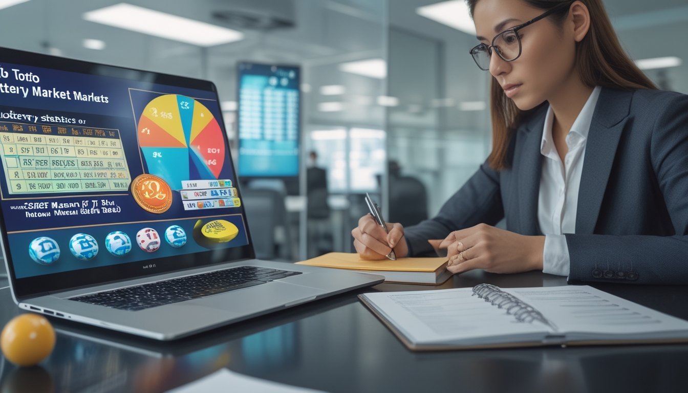 Seseorang sedang menganalisis data lotere Toto Macau 3D di meja kerja dengan laptop dan catatan di kantor yang terang.