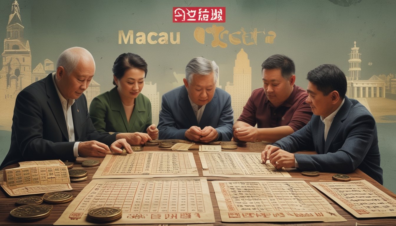 Beberapa orang berdiskusi di meja kayu dengan tiket lotre tua, koin tradisional, dan lembar angka, dengan latar belakang pemandangan ikonik Macau.
