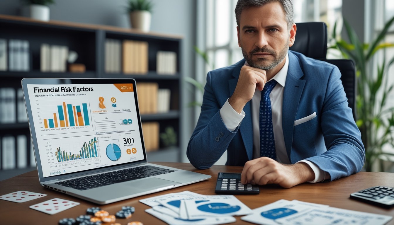 Seorang pria dewasa duduk di meja kerja dengan laptop dan alat tulis, dikelilingi oleh kartu remi dan chip poker, menunjukkan suasana berpikir tentang risiko finansial.