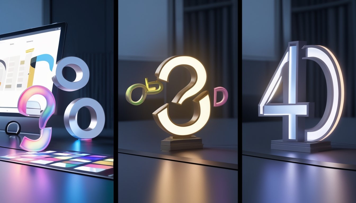 Tiga bagian yang menampilkan angka dalam format 2D datar, angka 3D dengan kedalaman, dan angka 4D dengan efek cahaya dan gerakan.