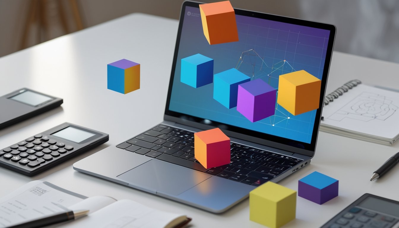 Meja kerja dengan laptop menampilkan bentuk geometris 2D, 3D, dan 4D serta alat tulis dan kalkulator di sekitarnya.