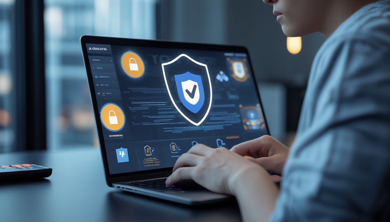 Seseorang sedang menggunakan laptop dengan tampilan situs permainan yang aman di layar, menunjukkan suasana kerja yang tenang dan terpercaya.