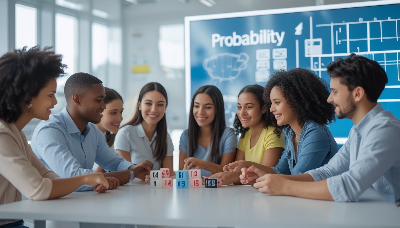 Sekelompok orang sedang bermain permainan tebak angka di meja dengan alat permainan dan grafik probabilitas di latar belakang.