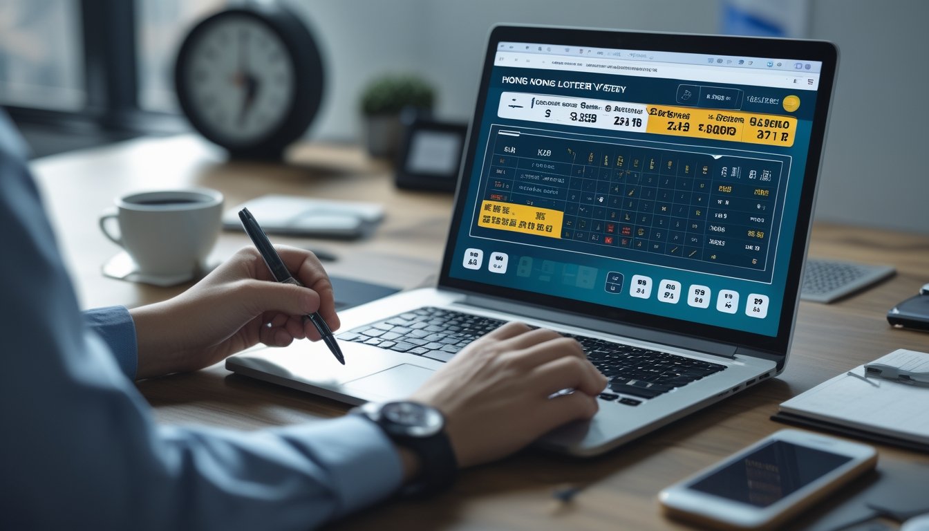 Seseorang sedang bekerja dengan laptop yang menampilkan antarmuka lotere digital dan mencatat data di meja kerja.