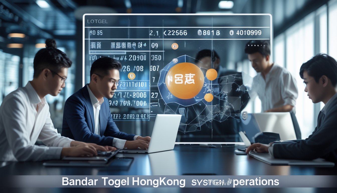 Sekelompok orang bekerja di kantor modern dengan layar digital besar yang menampilkan data dan peta Hong Kong, menggambarkan aktivitas terkait bandar togel.