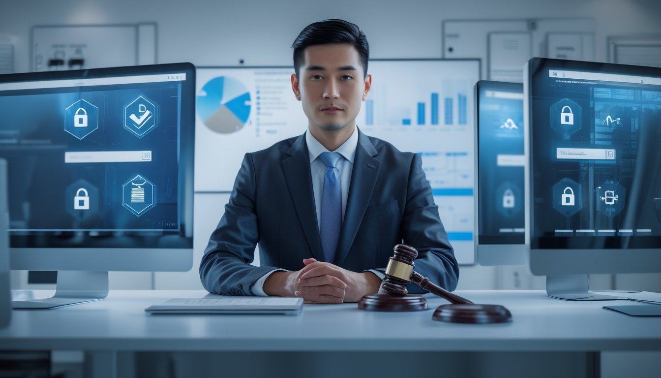 Seorang profesional duduk di depan beberapa monitor komputer dengan ikon keamanan digital, dokumen resmi, dan palu hakim di meja, menggambarkan keamanan dan regulasi situs togel.