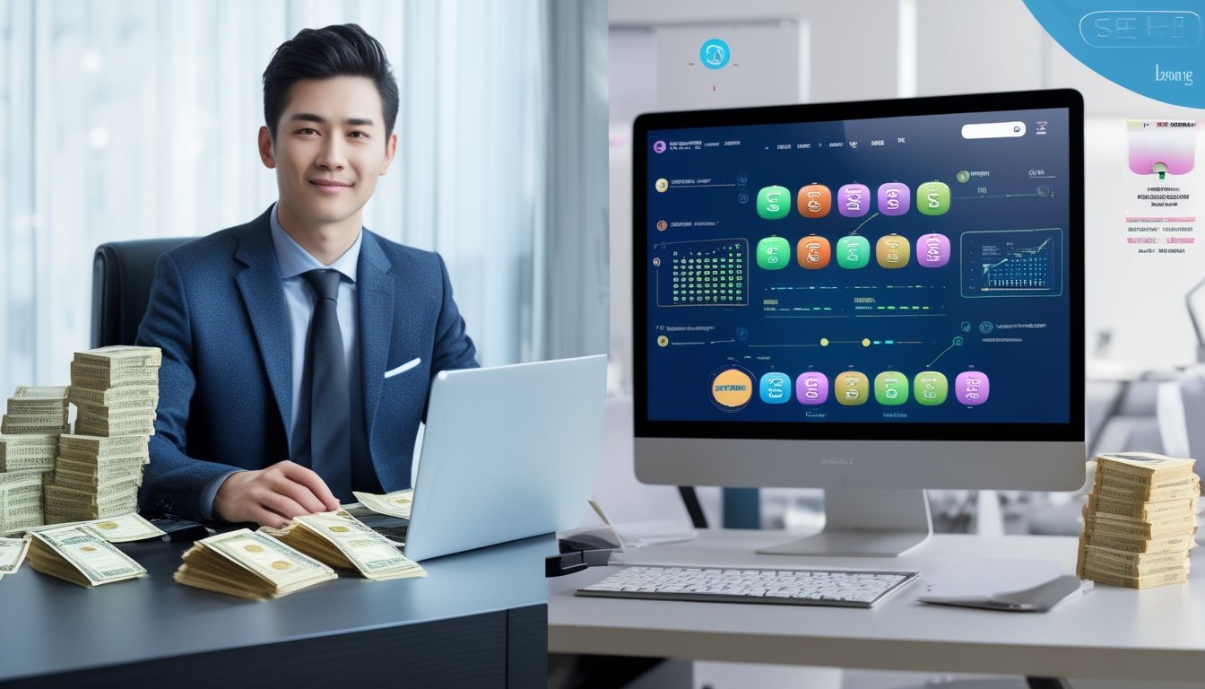 Seorang pria duduk di meja dengan uang dan tiket lotre di sebelah kiri, dan layar komputer menampilkan situs lotre di sebelah kanan dalam ruangan kantor yang terang.