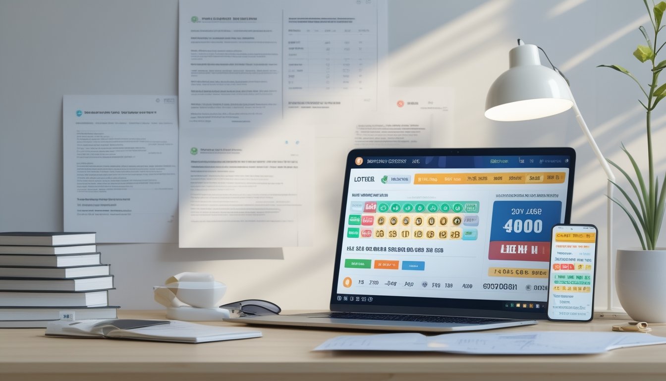 Meja kerja modern dengan laptop dan smartphone yang menampilkan data togel Hong Kong, dilengkapi dokumen dan kaca pembesar untuk analisis.