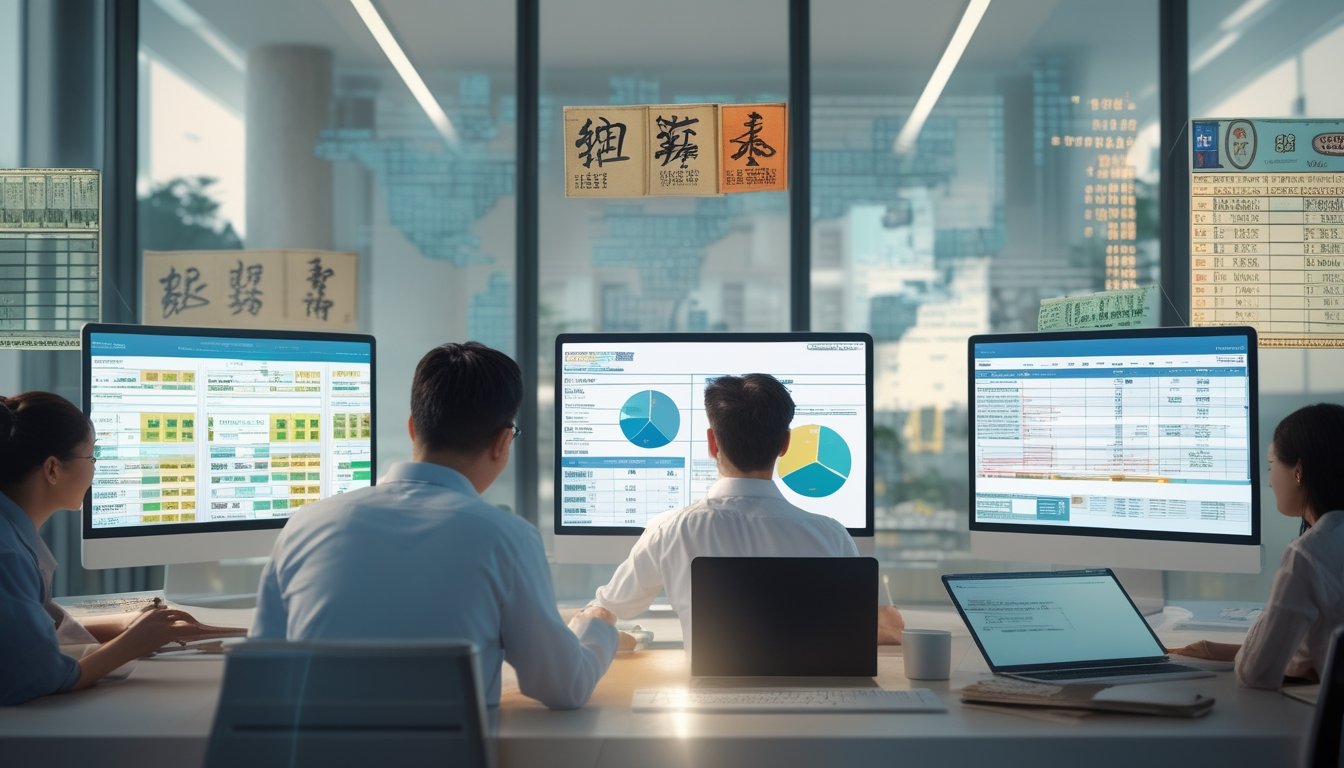 Sejumlah profesional bekerja di kantor modern dengan layar komputer menampilkan data dan grafik terkait pasar togel Hongkong, menggambarkan transformasi dari metode tradisional ke era digital.