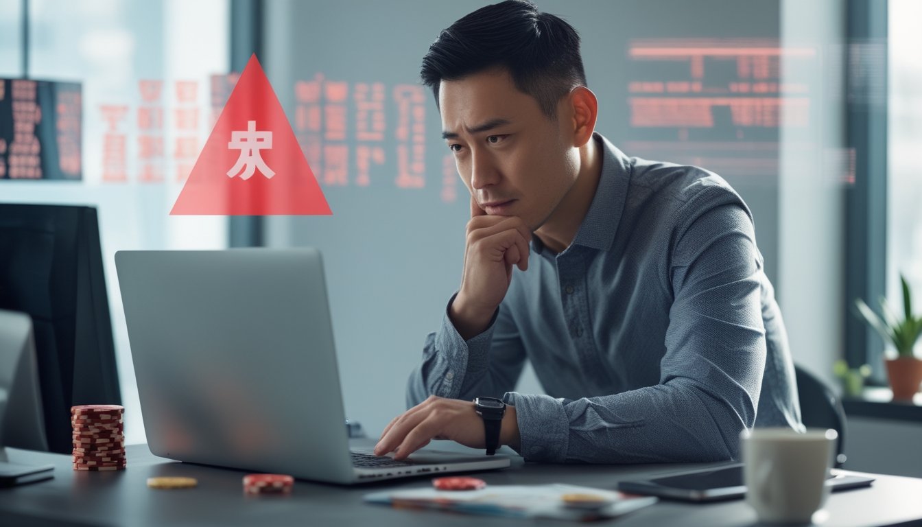 Seorang pria dewasa duduk di meja dengan laptop, terlihat serius dan fokus, dikelilingi oleh elemen yang melambangkan risiko perjudian online seperti tumpukan chip poker dan tiket lotre.
