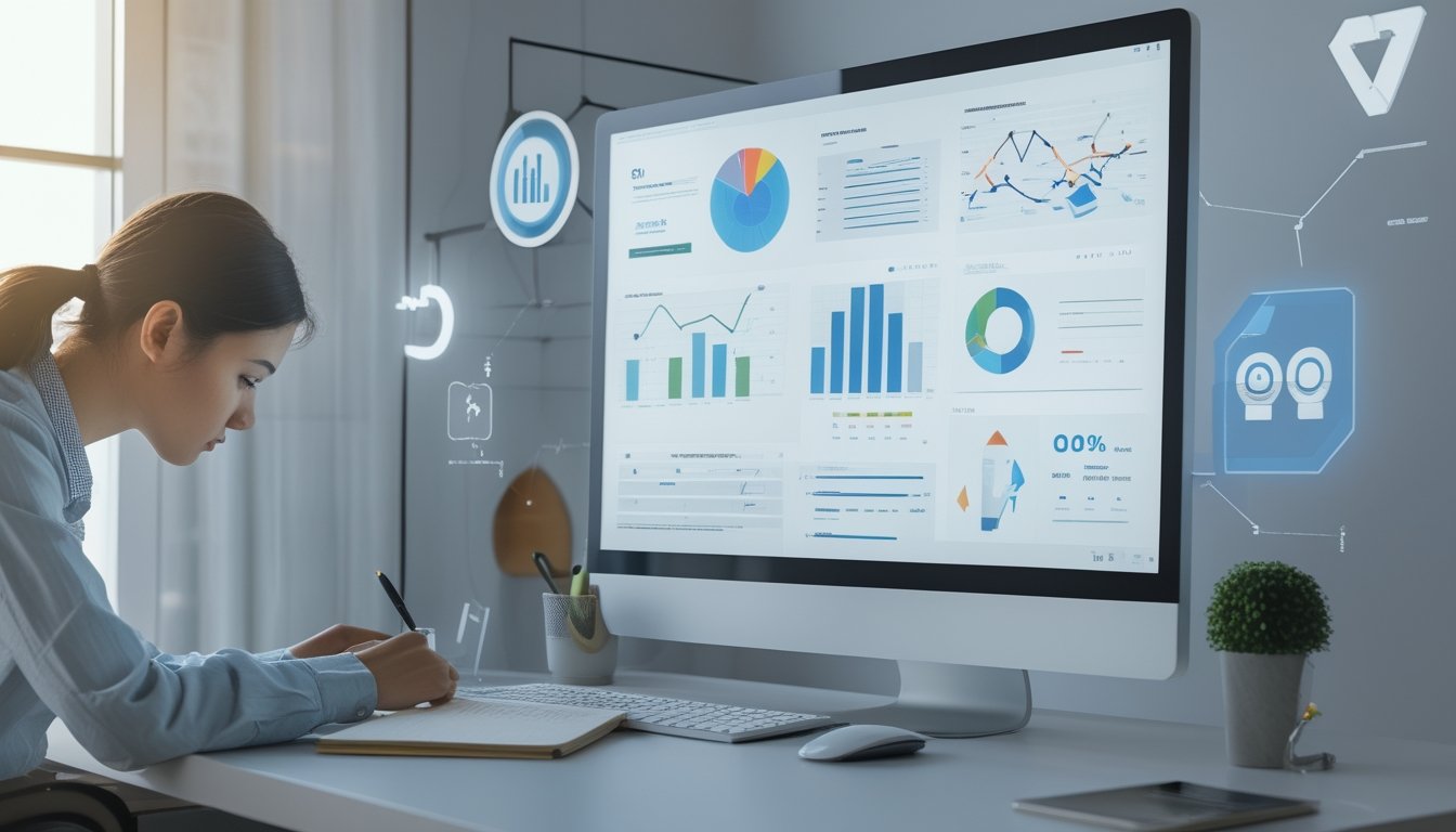 Seseorang duduk di depan komputer di meja kerja yang rapi, sedang menganalisis data dan informasi dengan alat tulis di sampingnya.
