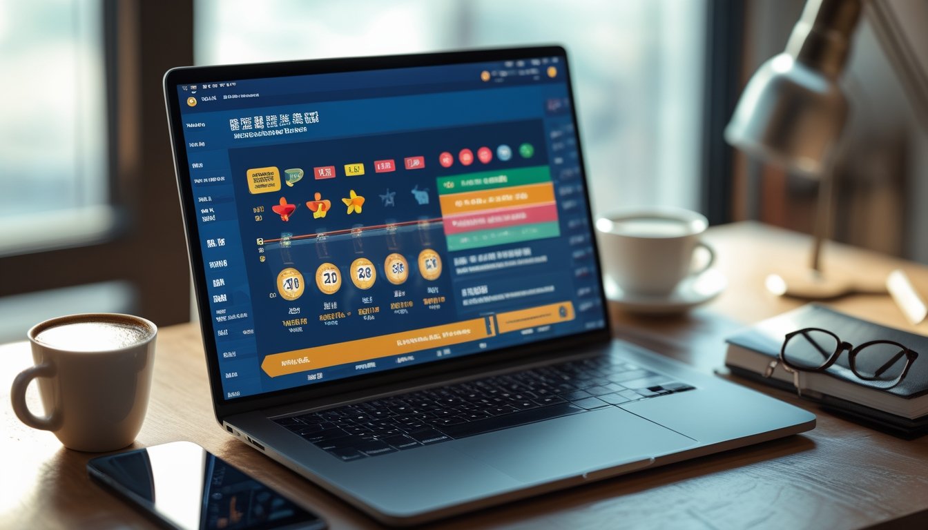 Meja kerja modern dengan laptop menampilkan antarmuka situs togel online, dikelilingi oleh smartphone, cangkir kopi, dan kacamata.